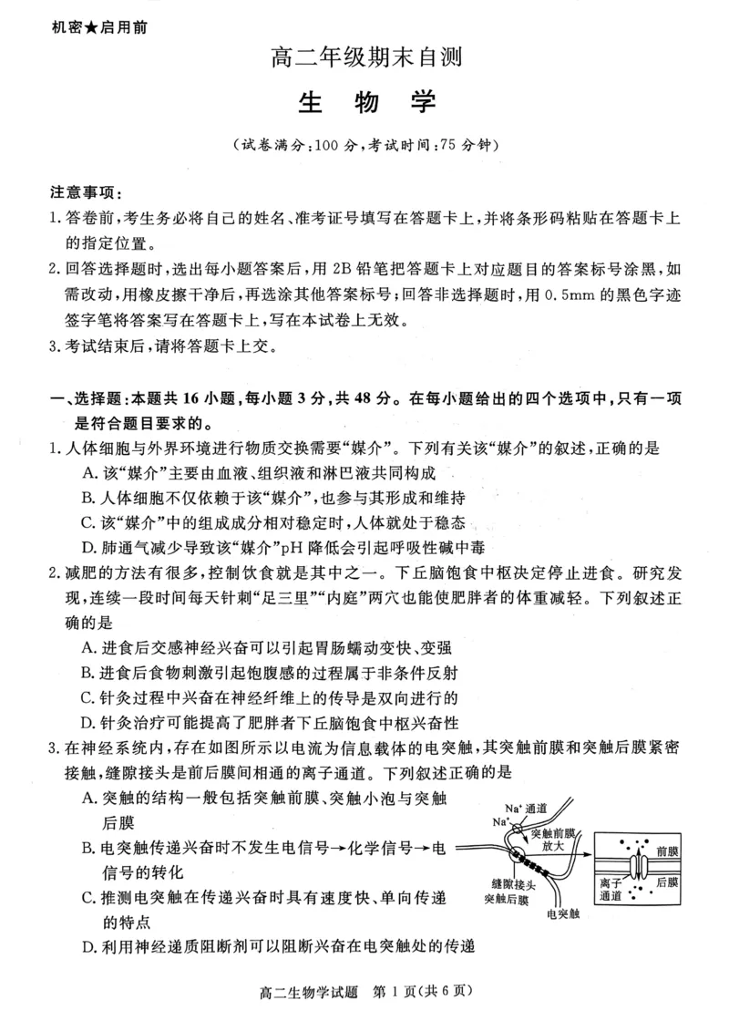 山西省晋城市2025-2026学年高二年级上学期期末自测生物学（图片版，含解析）_2026年02月高二试卷_260219山西省晋城市2025-2026学年高二上学期2月期末自测（全）