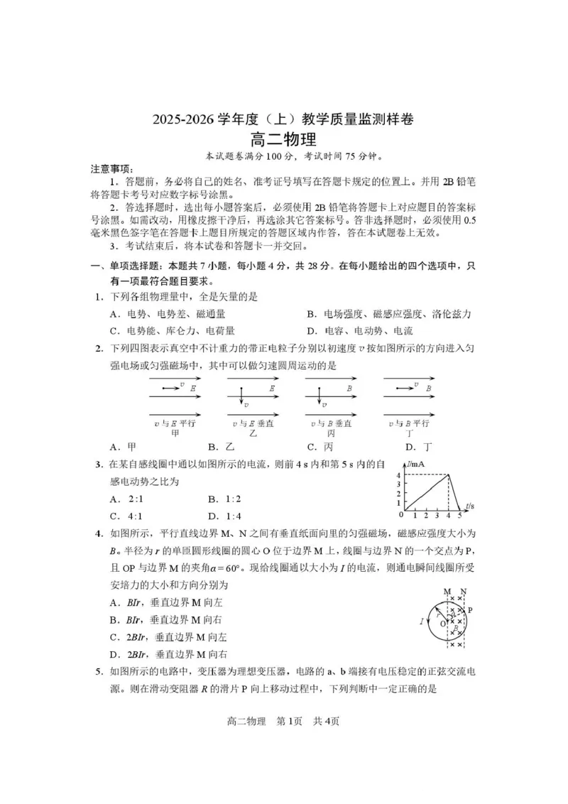 攀枝花市2025-2026学年度高二（上）教学质量监测样卷物理_2026年02月高二试卷_260203四川省攀枝花市2025-2026学年度高二（上）教学质量监测样卷（全）