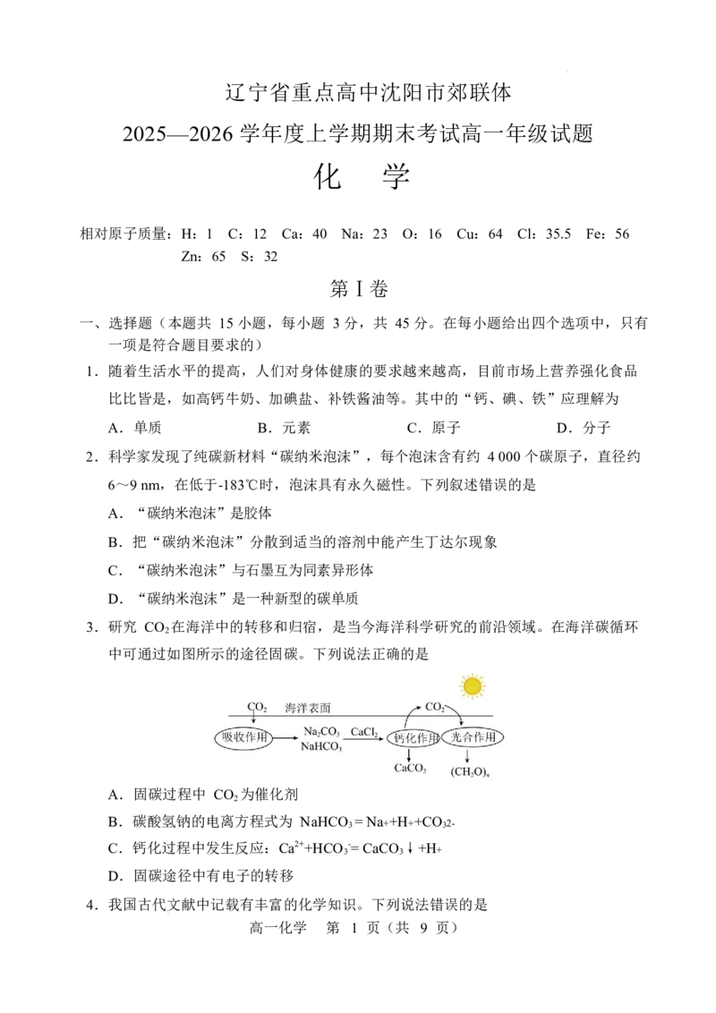 辽宁省重点高中沈阳市郊联体2025-2026学年高一上学期期末化学试卷_2026年02月高一试卷_260201辽宁省重点高中沈阳市郊联体2025-2026学年高一上学期期末（全）
