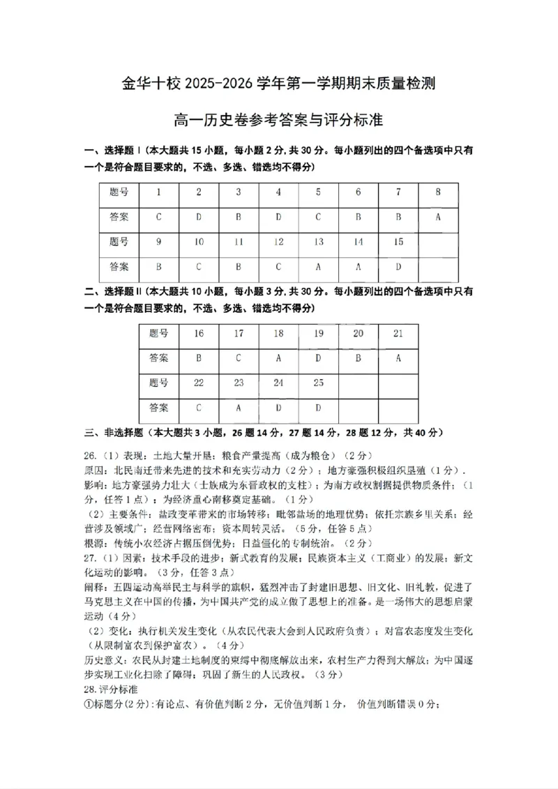 扫描件_高一历史卷参考答案与评分标准_2026年02月高一试卷_260215浙江省金华十校2025-2026学年高一上学期2月期末（全）_浙江省金华十校2025-2026学年高一上学期2月期末历史试题含答案