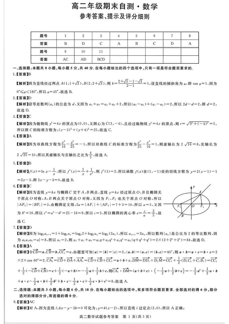 山西晋城市2025-2026学年上学期高二年级期末自测数学试题（扫描版，含答案）_2026年02月高二试卷_260219山西省晋城市2025-2026学年高二上学期2月期末自测（全）