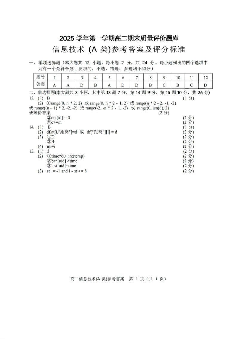 扫描件_技术A答案_2026年02月高二试卷_260208浙江省温州市2025-2026学年高二上学期期末（A卷+B卷）（全）_浙江省温州市2025-2026学年高二上学期期末试题A卷