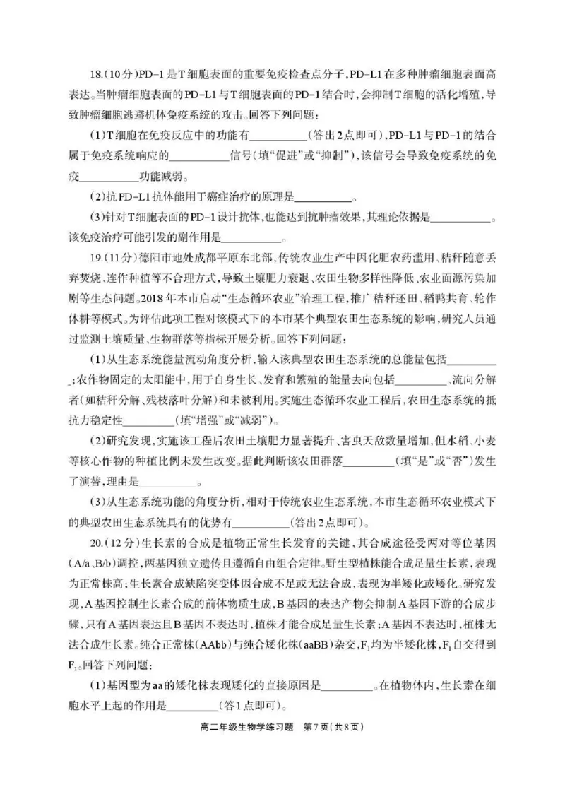 德阳市2025&mdash;2026学年高二上学期期末考试生物_2026年02月高二试卷_260207四川省德阳市2025&mdash;2026学年高二上学期期末考试