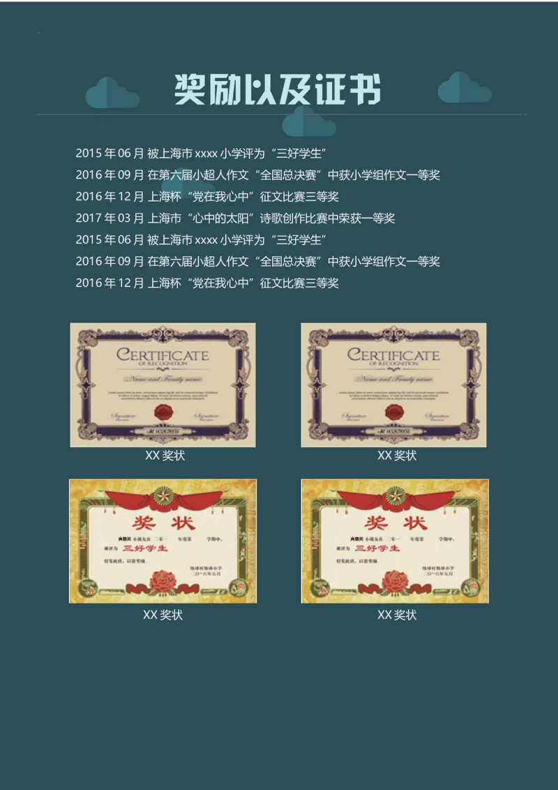 升学君整理深色夜景-小升初简历模板_小升初《学生简历模板》单页+多页_66份小升初简历整理