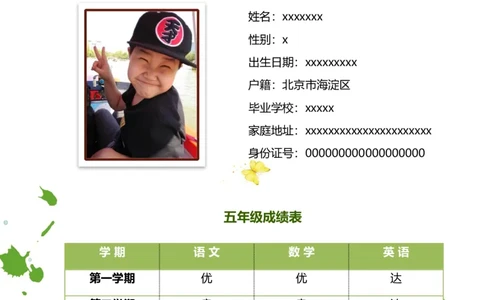 升学君整理绿色树木树叶底纹-小升初简历模板_小升初《学生简历模板》单页+多页_66份小升初简历整理