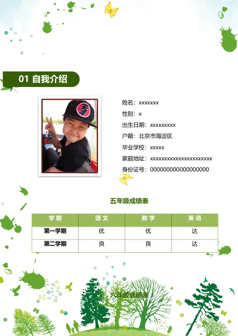 升学君整理绿色树木树叶底纹-小升初简历模板_小升初《学生简历模板》单页+多页_66份小升初简历整理