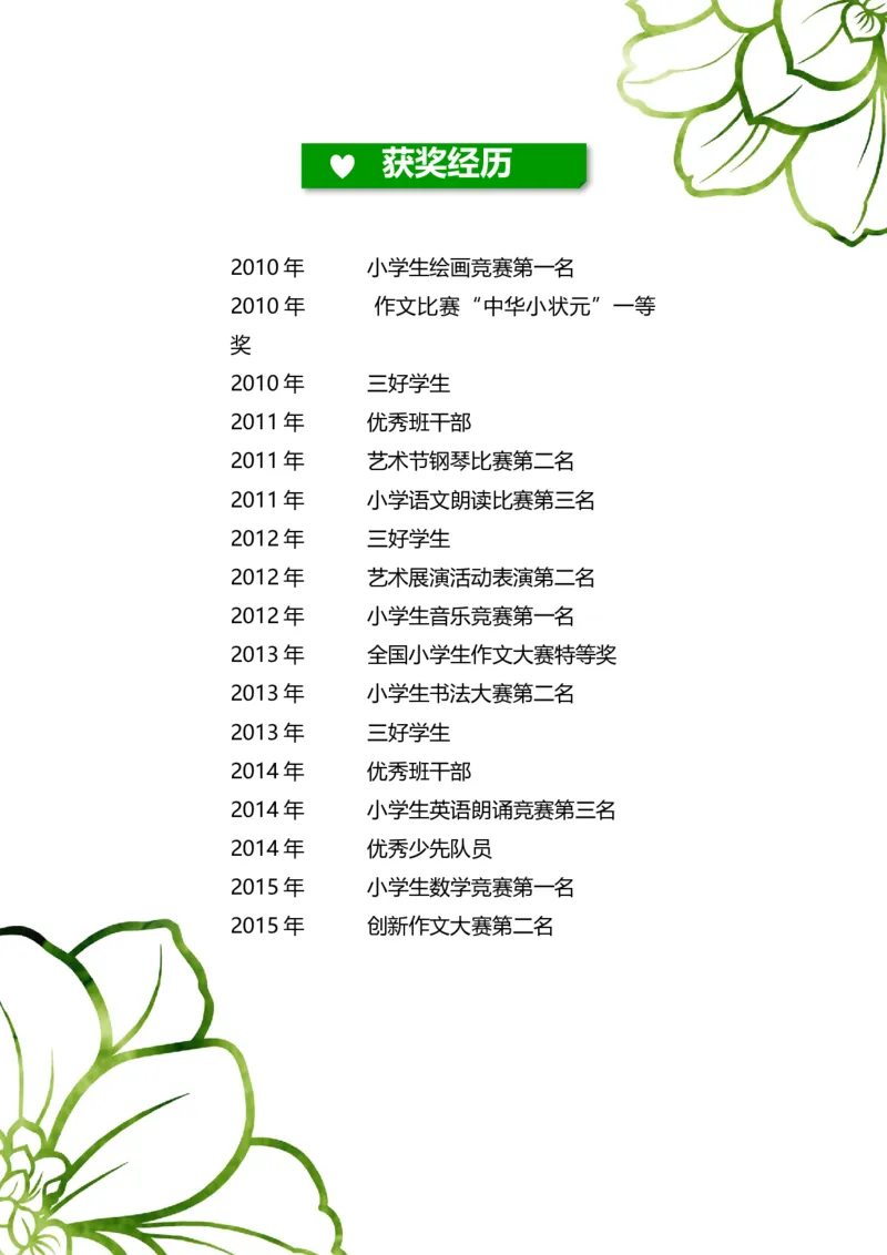 升学君整理绿色花纹简约-小升初简历模板_小升初《学生简历模板》单页+多页_66份小升初简历整理