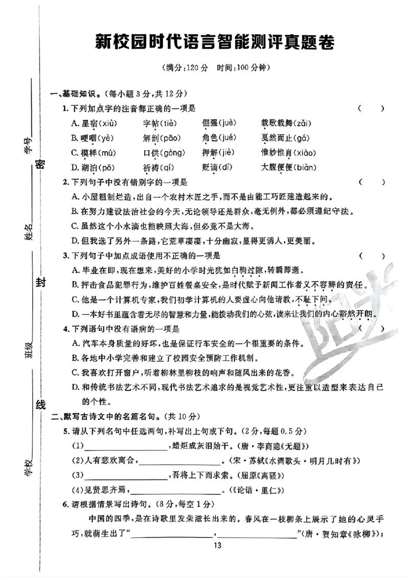 小升初语文《阳光同学冲刺48天》真题卷_小升初冲刺48天（语数英）_小升初语文《阳光同学冲刺48天》