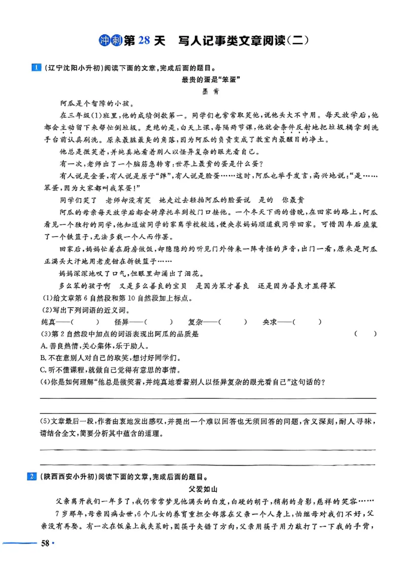 小升初语文《阳光同学冲刺48天》测评版_小升初冲刺48天（语数英）_小升初语文《阳光同学冲刺48天》