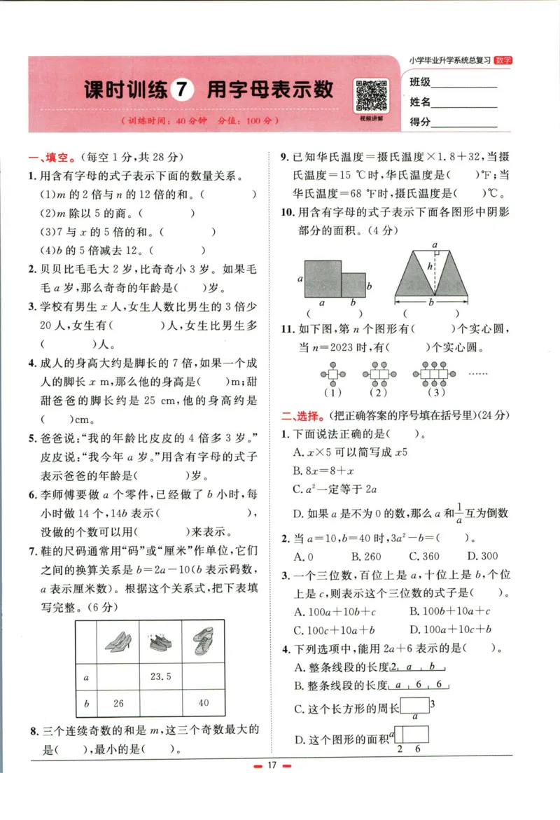 阳光同学小学毕业升学系统总复习活页专项训练数学_小升初活页专项训练（语数英科学）