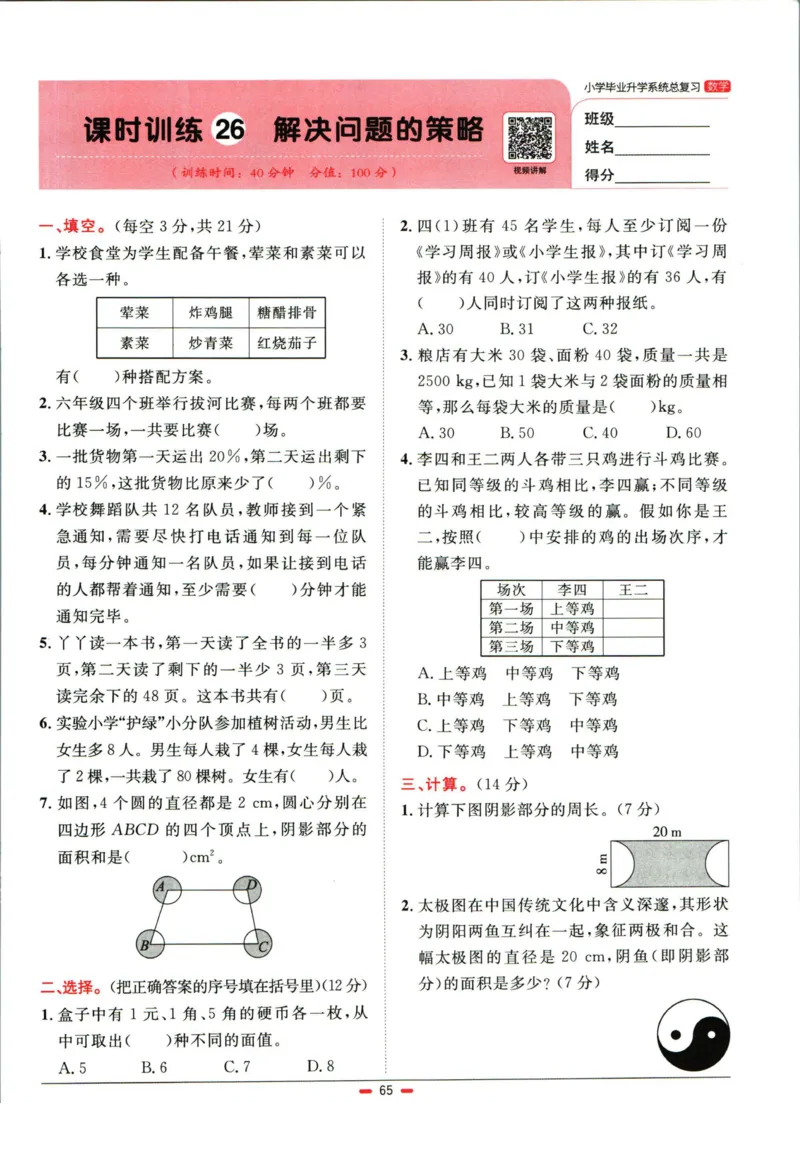 阳光同学小学毕业升学系统总复习活页专项训练数学_小升初活页专项训练（语数英科学）