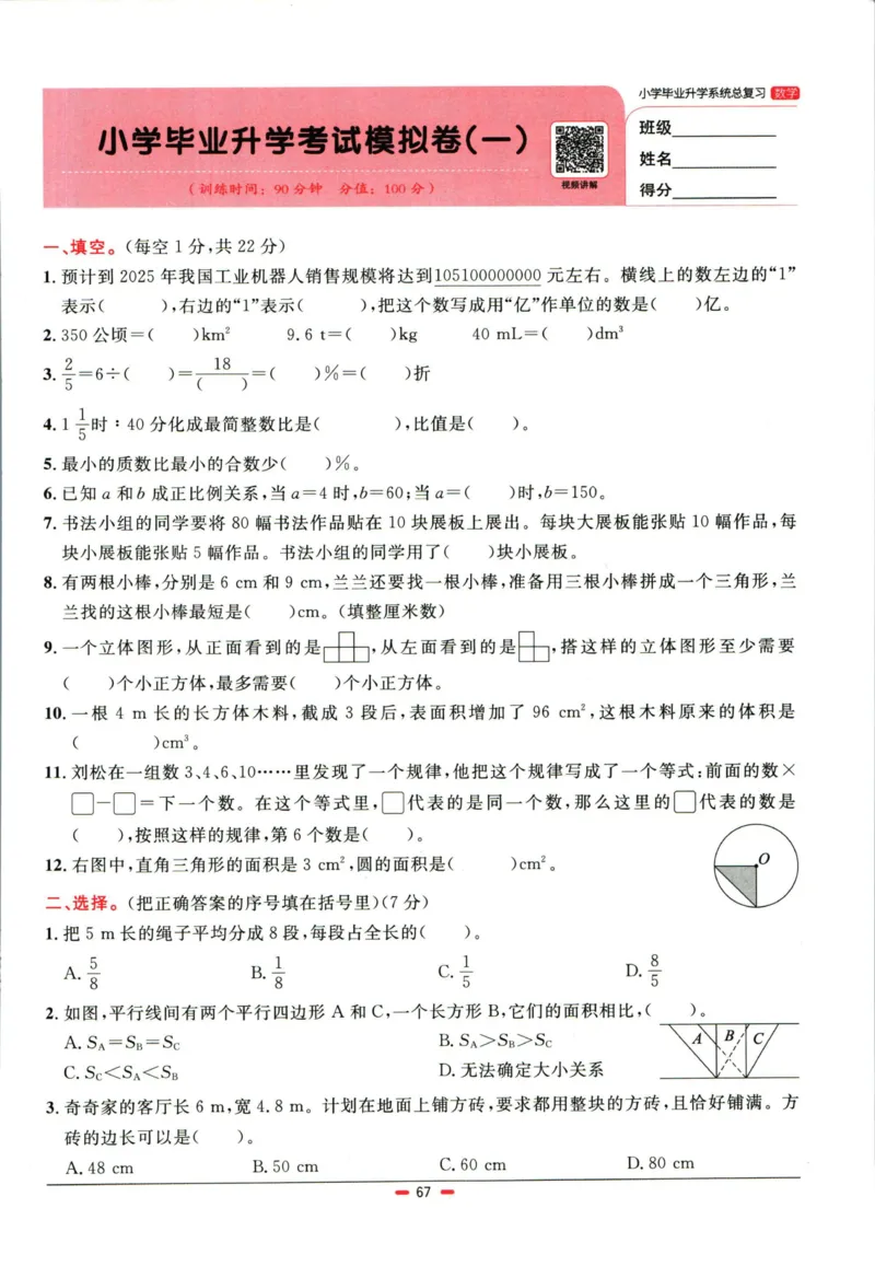 阳光同学小学毕业升学系统总复习活页专项训练数学_小升初活页专项训练（语数英科学）