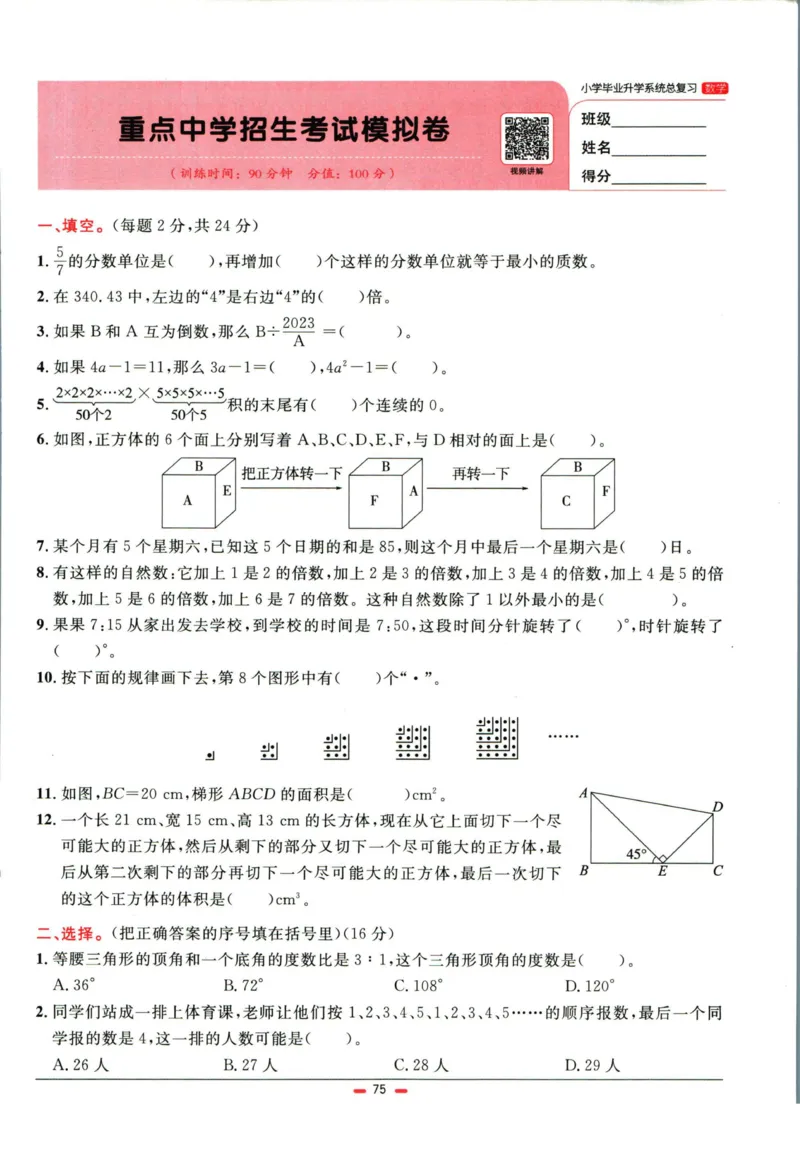 阳光同学小学毕业升学系统总复习活页专项训练数学_小升初活页专项训练（语数英科学）