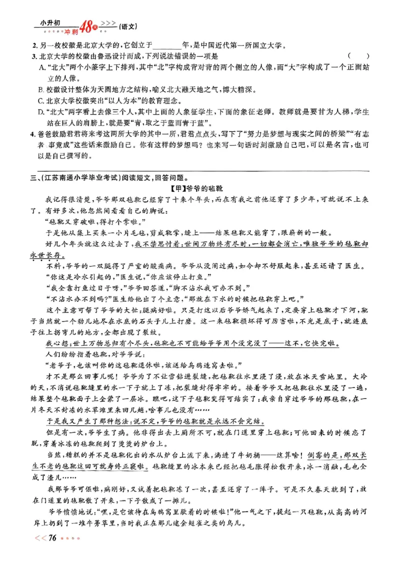 小升初语文《阳光同学冲刺48天》辅导版_小升初冲刺48天（语数英）_小升初语文《阳光同学冲刺48天》