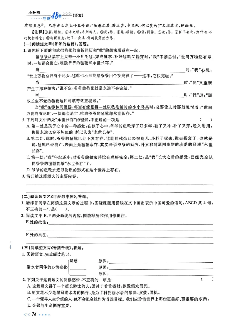 小升初语文《阳光同学冲刺48天》辅导版_小升初冲刺48天（语数英）_小升初语文《阳光同学冲刺48天》