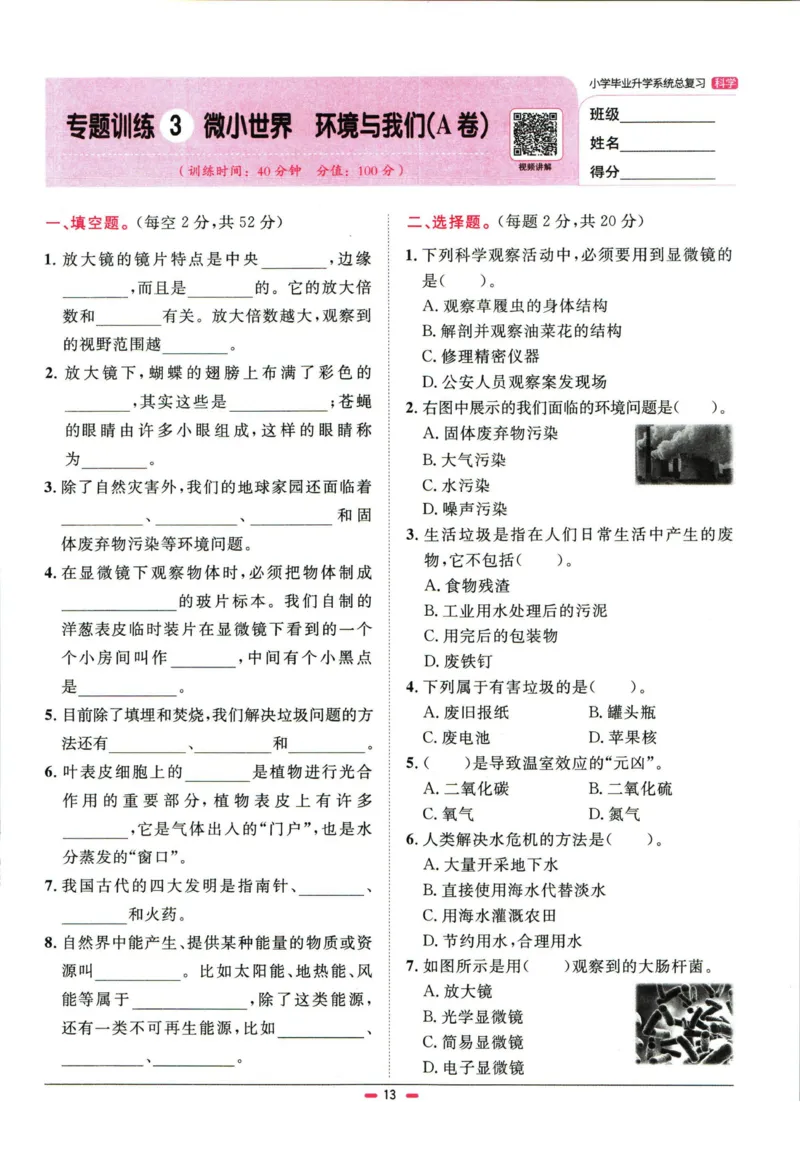 阳光同学小学毕业升学系统总复习活页专项训练科学_小升初活页专项训练（语数英科学）