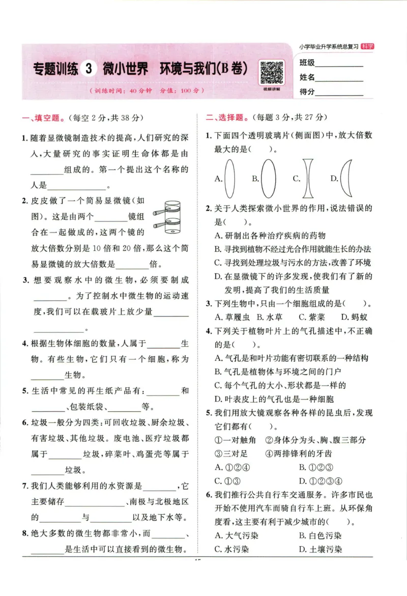 阳光同学小学毕业升学系统总复习活页专项训练科学_小升初活页专项训练（语数英科学）