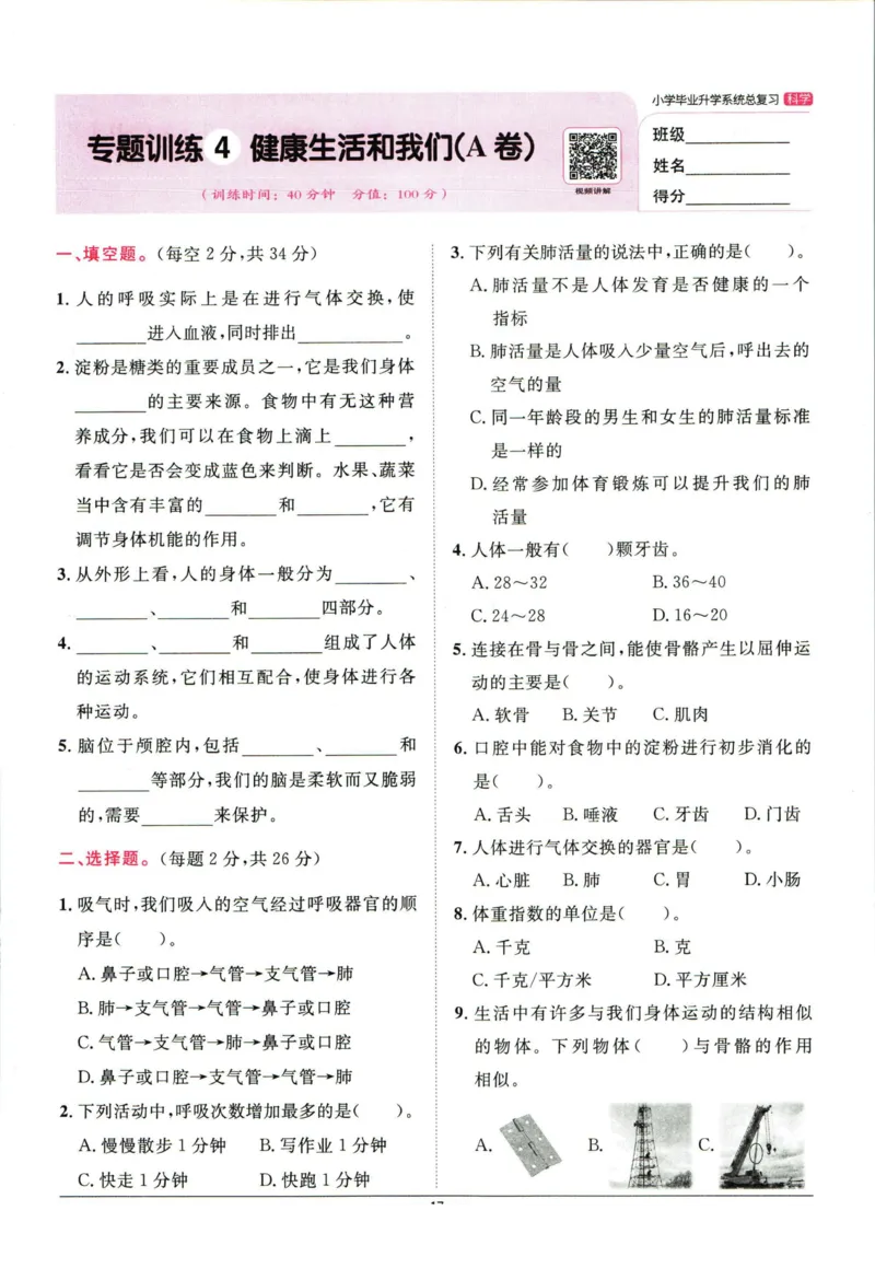 阳光同学小学毕业升学系统总复习活页专项训练科学_小升初活页专项训练（语数英科学）