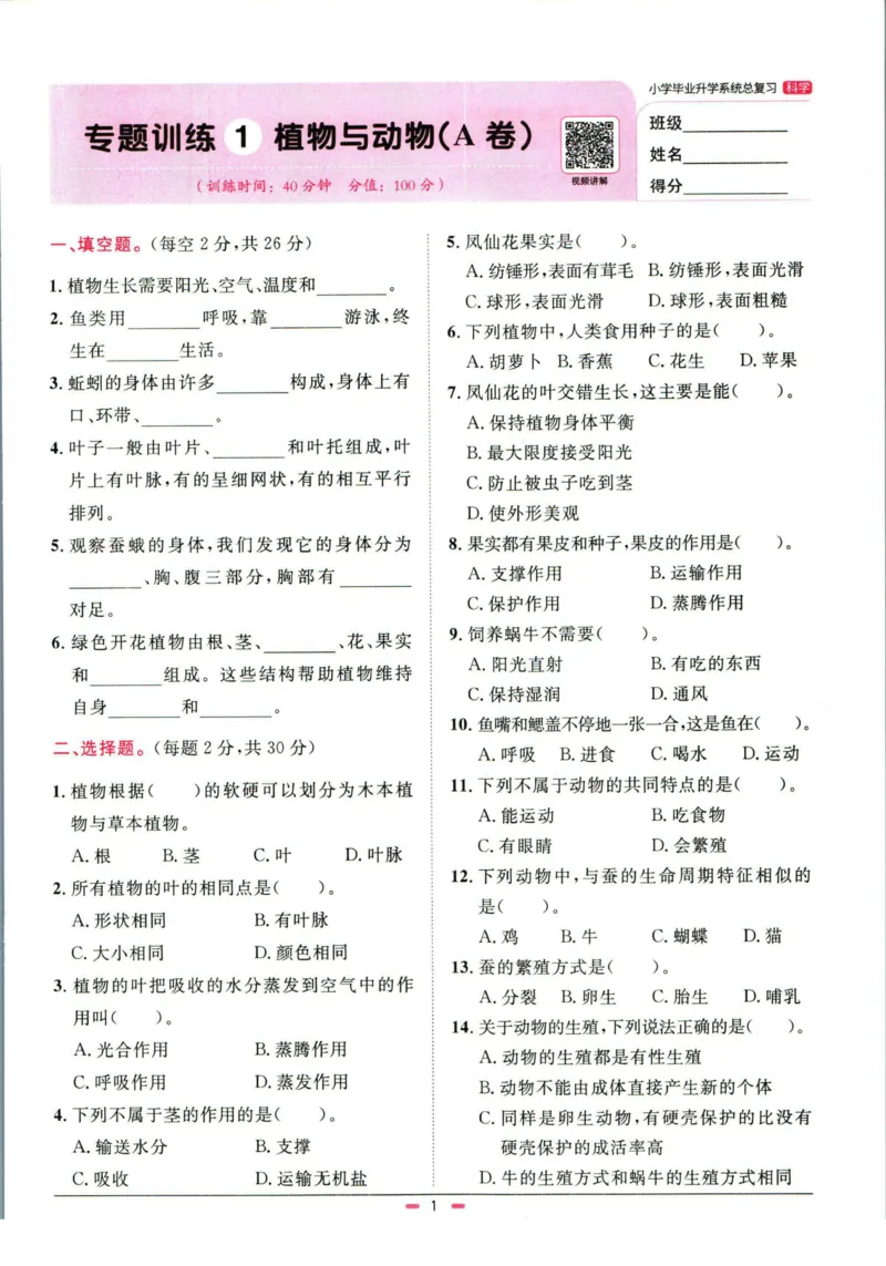 阳光同学小学毕业升学系统总复习活页专项训练科学_小升初活页专项训练（语数英科学）