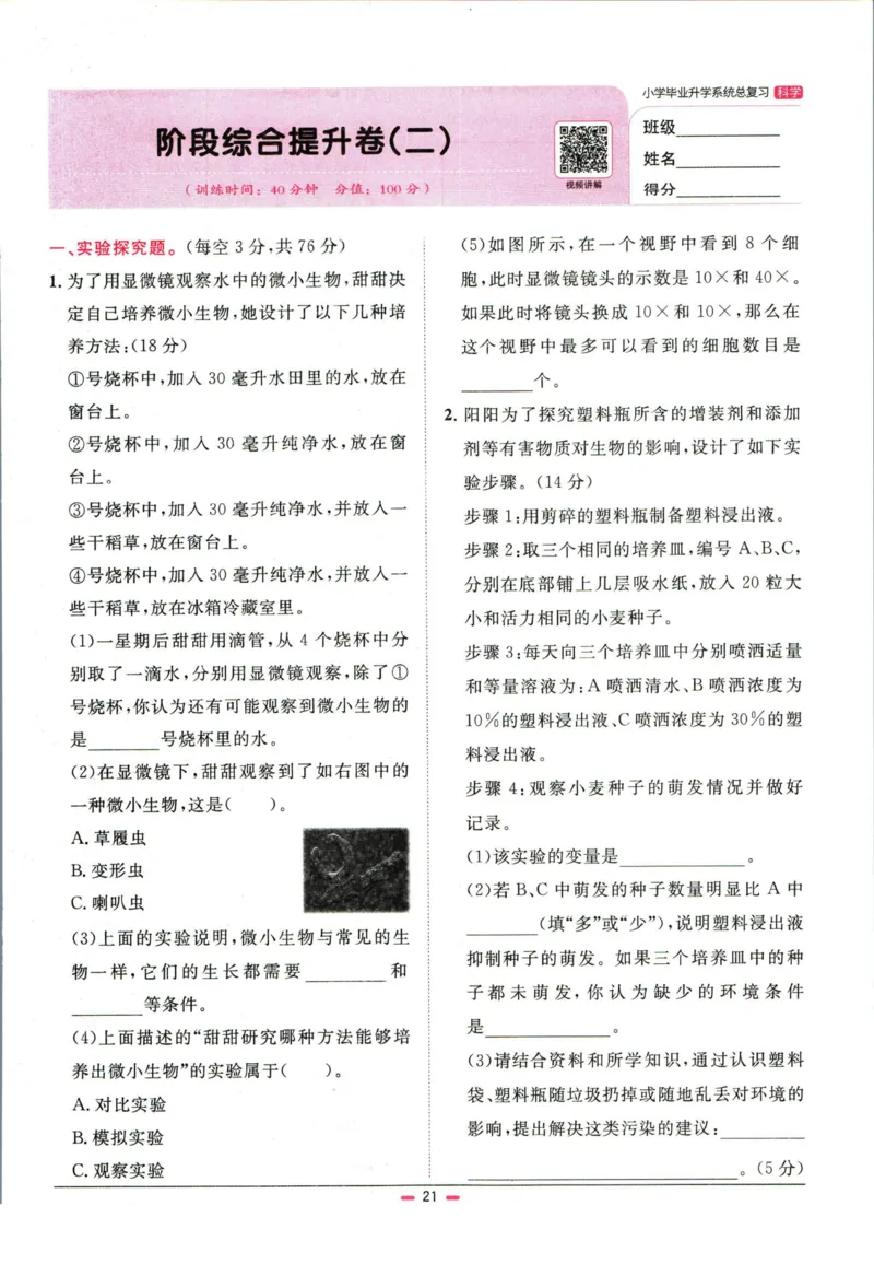 阳光同学小学毕业升学系统总复习活页专项训练科学_小升初活页专项训练（语数英科学）