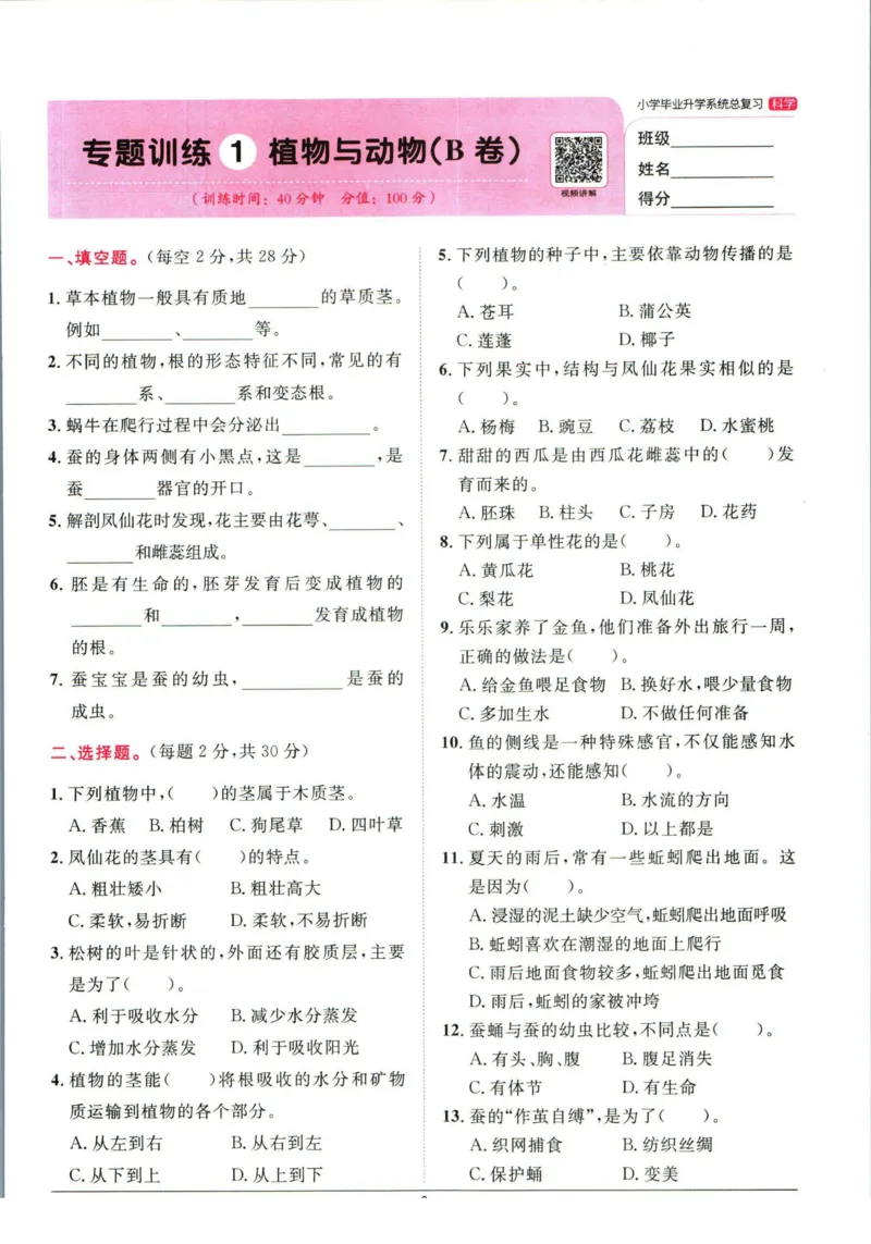 阳光同学小学毕业升学系统总复习活页专项训练科学_小升初活页专项训练（语数英科学）