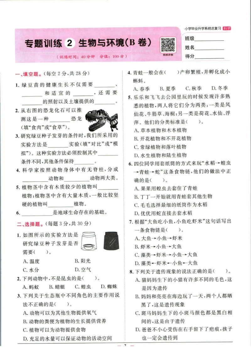 阳光同学小学毕业升学系统总复习活页专项训练科学_小升初活页专项训练（语数英科学）
