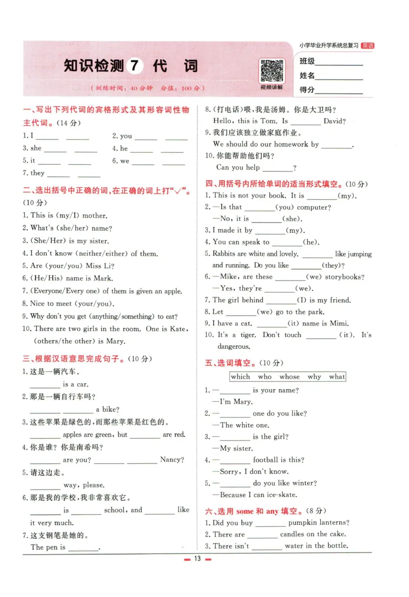 阳光同学小学毕业升学系统总复习活页专项训练英语_小升初活页专项训练（语数英科学）
