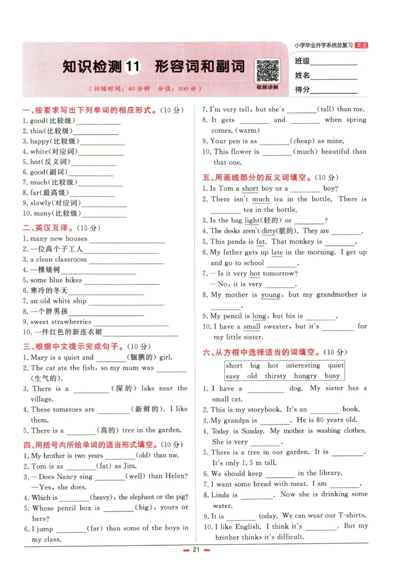 阳光同学小学毕业升学系统总复习活页专项训练英语_小升初活页专项训练（语数英科学）