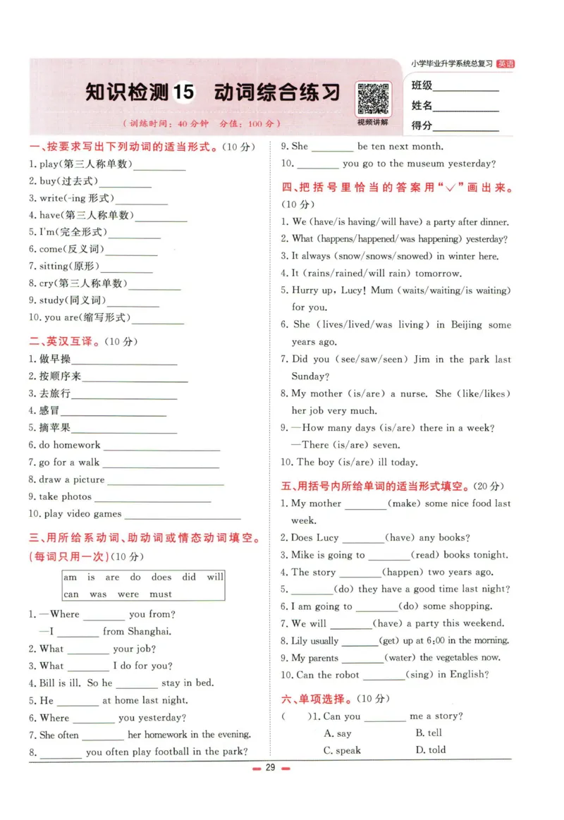 阳光同学小学毕业升学系统总复习活页专项训练英语_小升初活页专项训练（语数英科学）