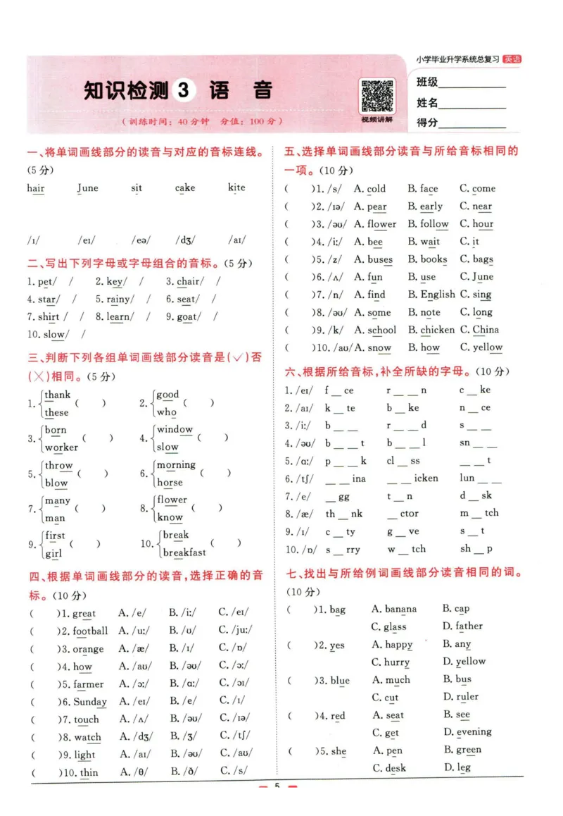 阳光同学小学毕业升学系统总复习活页专项训练英语_小升初活页专项训练（语数英科学）