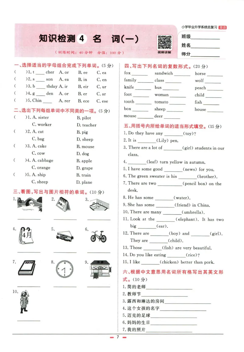 阳光同学小学毕业升学系统总复习活页专项训练英语_小升初活页专项训练（语数英科学）