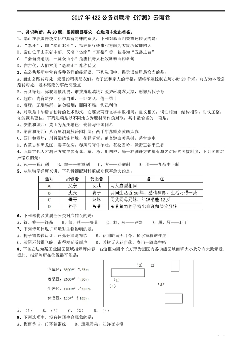 2017年422公务员联考《行测》真题（云南卷）_国考省考_省考真题_29云南公务员考试真题pdf版_云南公务员考试真题&mdash;&mdash;行测03-25PDF版_题目