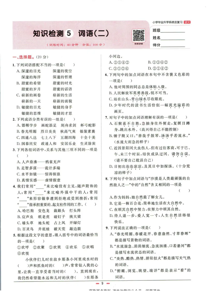 阳光同学小学毕业升学系统总复习活页专项训练语文_小升初活页专项训练（语数英科学）