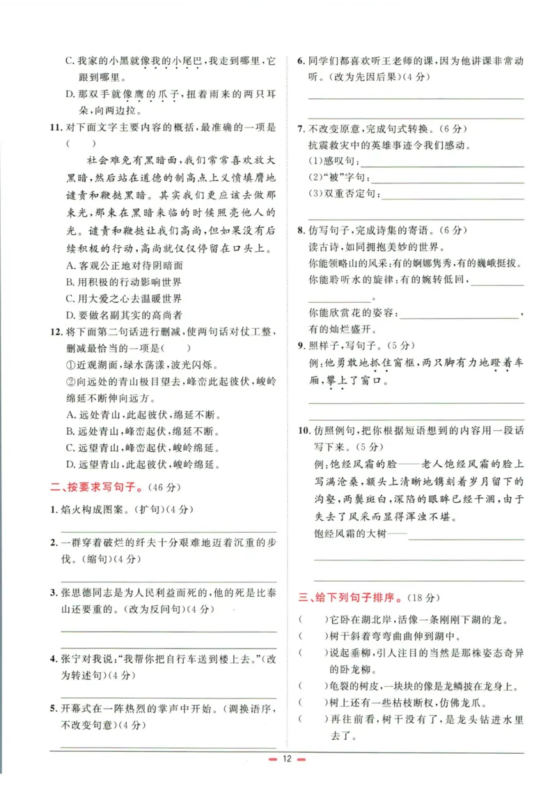 阳光同学小学毕业升学系统总复习活页专项训练语文_小升初活页专项训练（语数英科学）