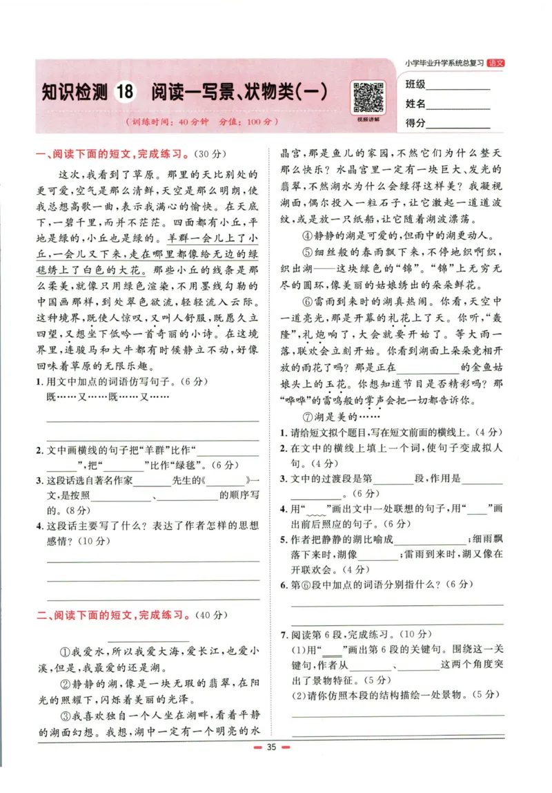 阳光同学小学毕业升学系统总复习活页专项训练语文_小升初活页专项训练（语数英科学）