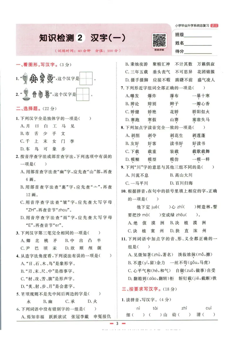 阳光同学小学毕业升学系统总复习活页专项训练语文_小升初活页专项训练（语数英科学）