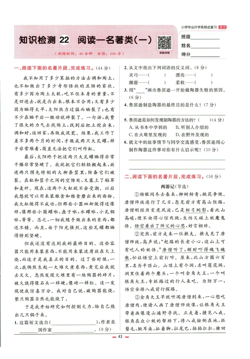 阳光同学小学毕业升学系统总复习活页专项训练语文_小升初活页专项训练（语数英科学）