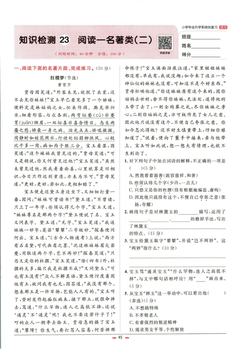 阳光同学小学毕业升学系统总复习活页专项训练语文_小升初活页专项训练（语数英科学）