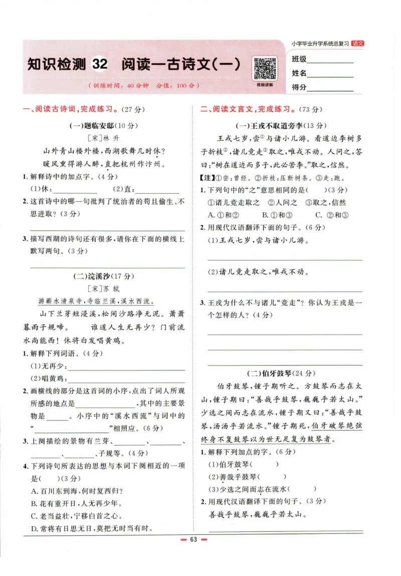 阳光同学小学毕业升学系统总复习活页专项训练语文_小升初活页专项训练（语数英科学）