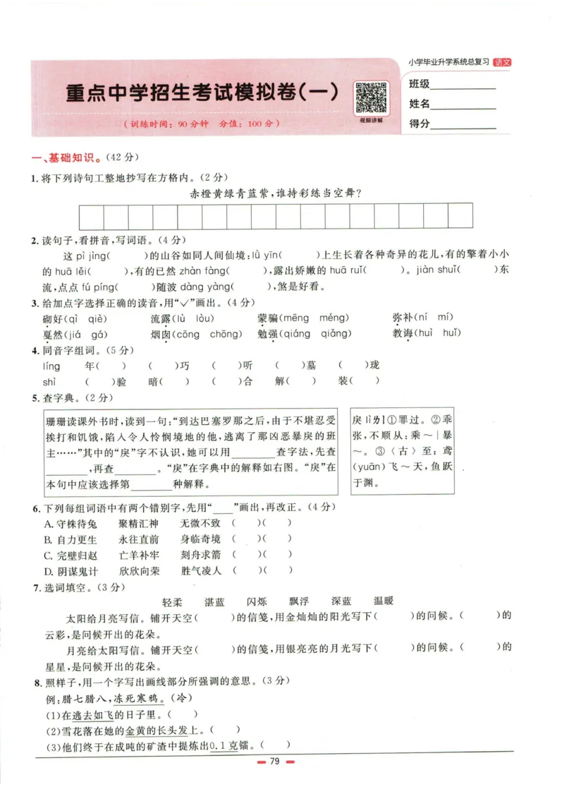 阳光同学小学毕业升学系统总复习活页专项训练语文_小升初活页专项训练（语数英科学）