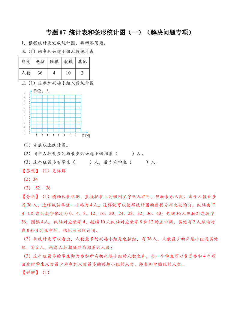 专题07统计表和条形统计图（一）（解决问题专项训练）（教师版）(2)_三年级数学下册（苏教版）_解决问题专项练习-T7_2026版
