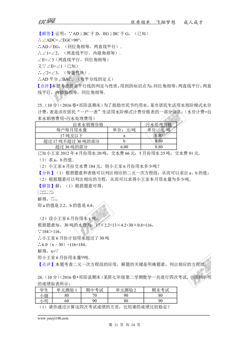 2015-2016学年湖南省永州市祁阳县七年级（下）期末数学试卷_湘教版初中数学课件_数学湘教版7下教案PPT课件配套资料_数学湘教版7下&mdash;6.各阶段精品试题_期中、月考、期末、中考真卷