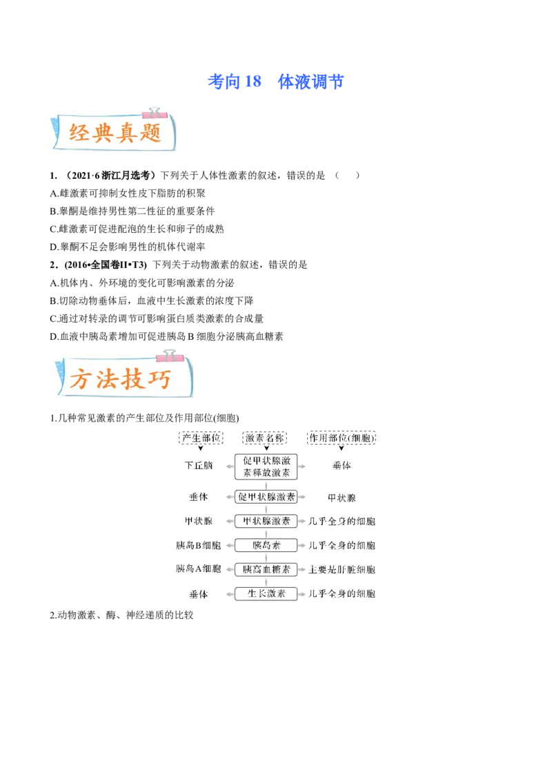 考向18体液调节-备战2023年高考生物一轮复习考点微专题（全国通用）（原卷版）(1)_通用版（老高考）复习资料_2023年复习资料_一轮复习