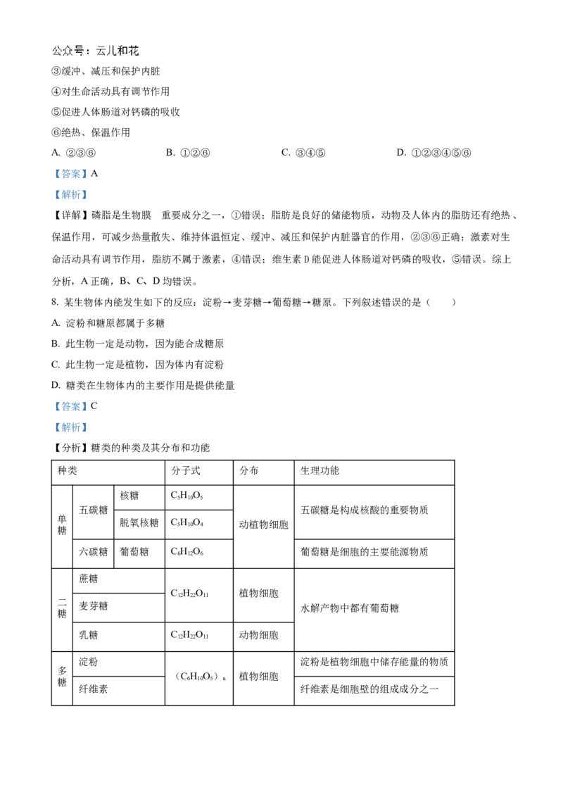 天津市红桥区2024-2025学年高一上学期期中考试生物试卷Word版含解析_2024年11月试卷_1127天津市红桥区2024-2025学年高一上学期期中考试