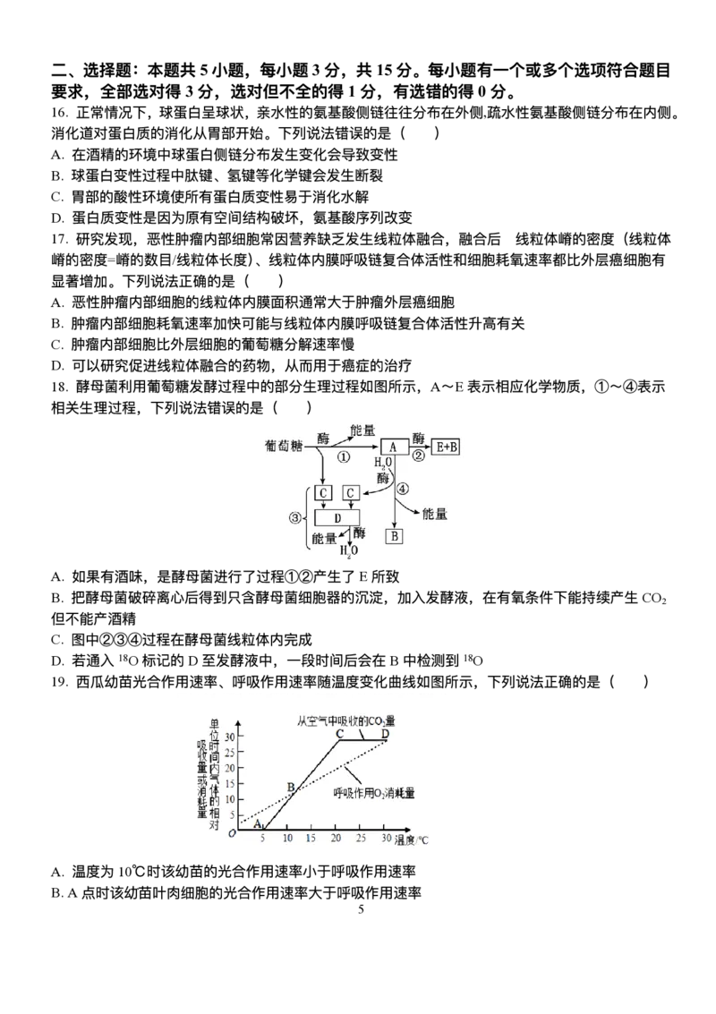 山东省泰安一中青年路校区2025-2026学年高一1月诊断性测试生物试题_2026年01月高一试卷_260118山东省泰安市第一中学（青年路校区）2025-2026学年高一上学期1月诊断性测试