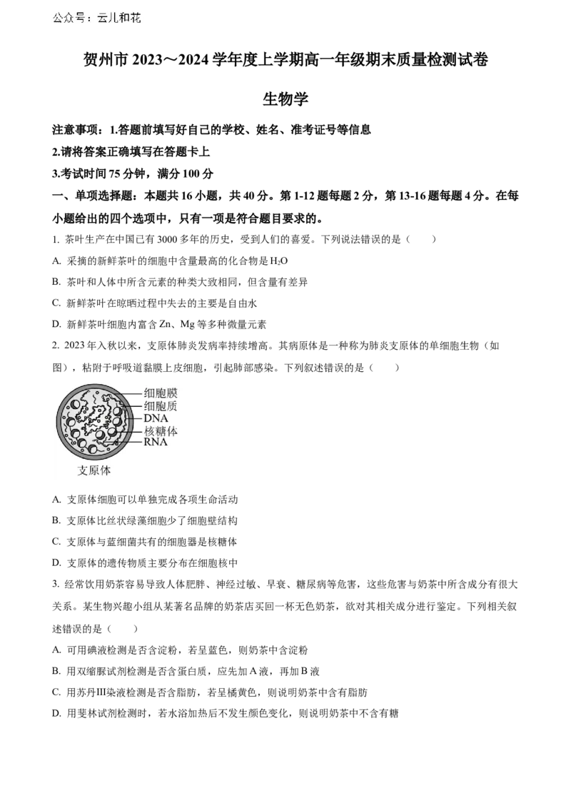 广西壮族自治区贺州市2023-2024学年高一上学期期末考试生物试题Word版无答案_2024年12月试卷_1223广西壮族自治区贺州市2023-2024学年高一上学期期末考试