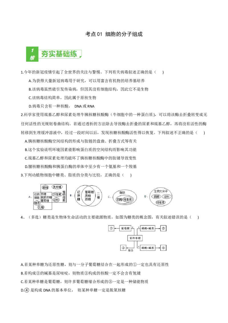 考点01细胞的分子组成-2022年高考生物一轮复习小题多维练（新高考专用）（原卷版）_新高考复习资料_2022年新高考复习资料_2022年高考生物一轮复习小题多维练（新高考专用）8.8更新