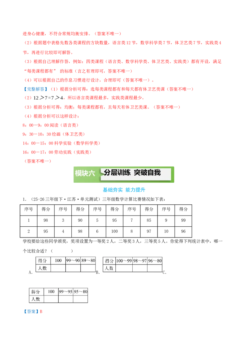 第四单元统计表和条形统计图（一）（知识梳理+3个考点讲练+真题演练+难度分层练共37题）解析版(1)_三年级数学下册（苏教版）_母题专项练习-K36_2026版