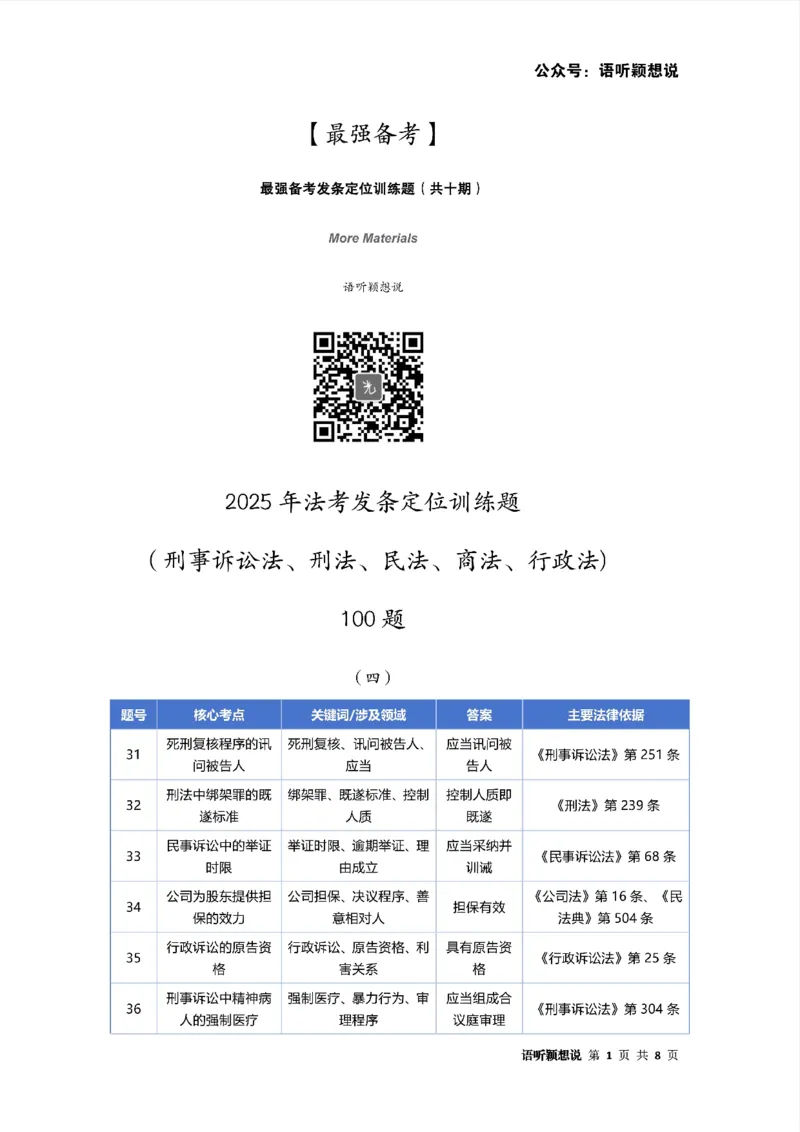 最强备考2025年法考发条定位训练题（刑事诉讼法、刑法、民法、商法、行政法)100题(4)_法考真题相关_主观题重要学习资料（精华整理）_2025年法考发条定位训练题最强备考