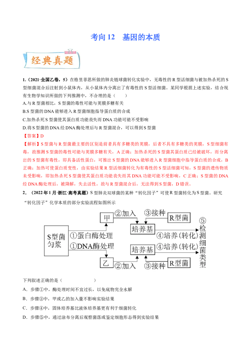 考向12基因的本质-备战2023年高考生物一轮复习考点微专题（全国通用）（解析版）(1)_通用版（老高考）复习资料_2023年复习资料_一轮复习